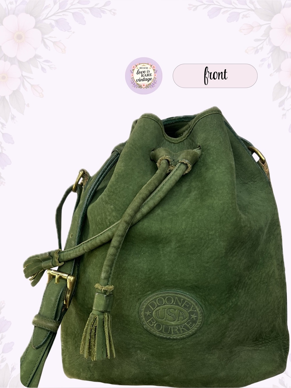 Vintage Dooney & Bourke Leather Bucket Bag • 1990s Green Suede Drawstring Purse - Picture 2 of 14